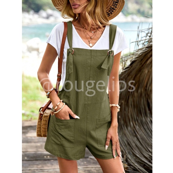 Rouge! Pants - Cotton Army Green Short Romper Overalls Tie Straps Front Pockets